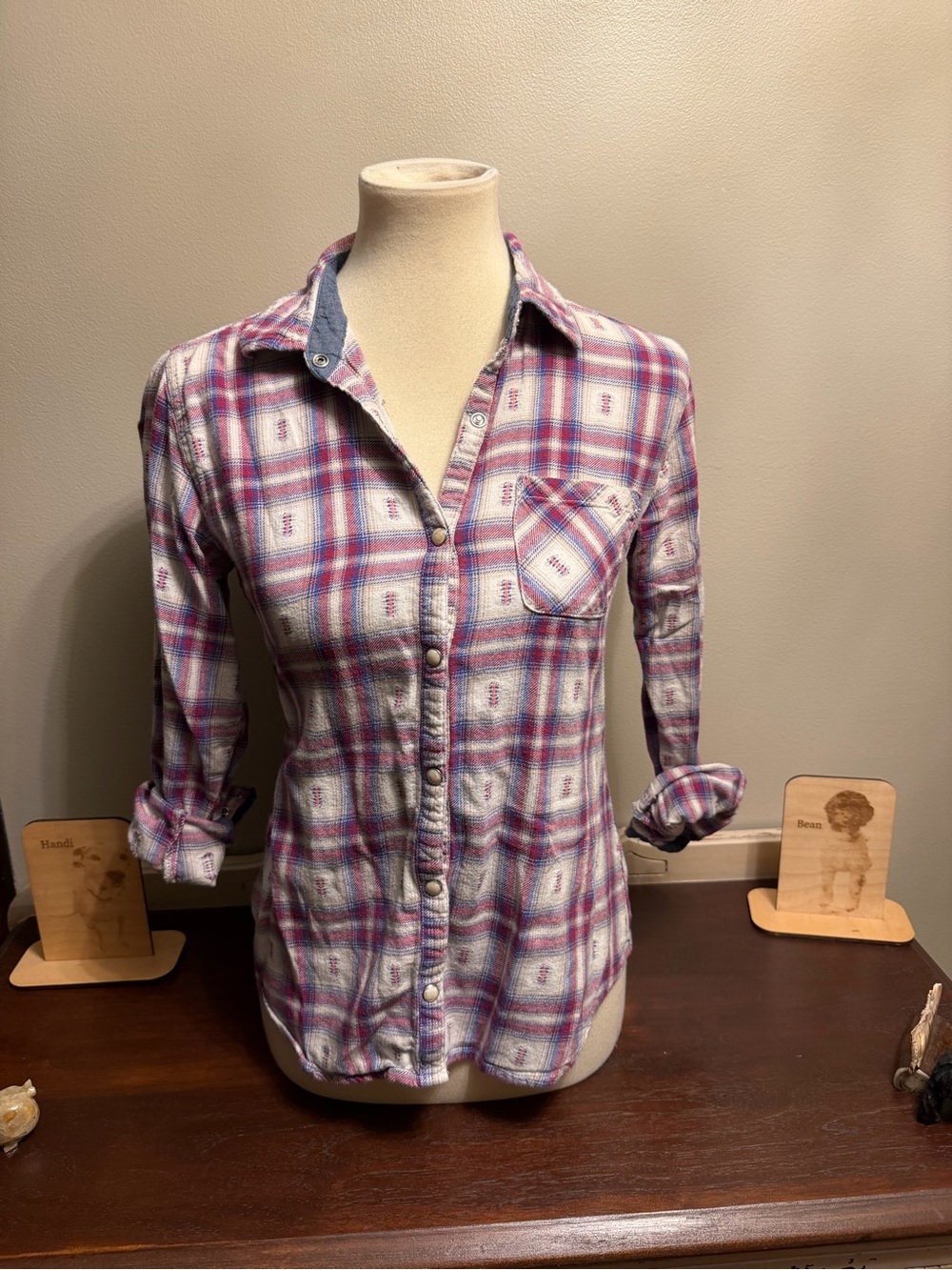 Women’s Red, White & Blue Pearl Snap Button Up